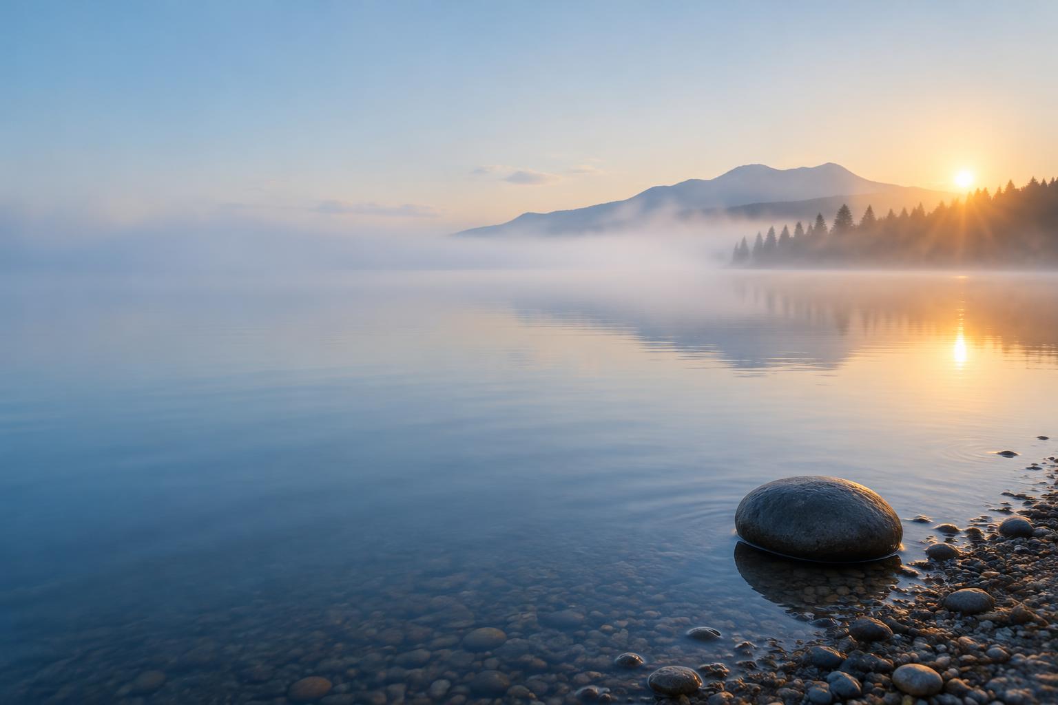 A misty, still lake at dawn