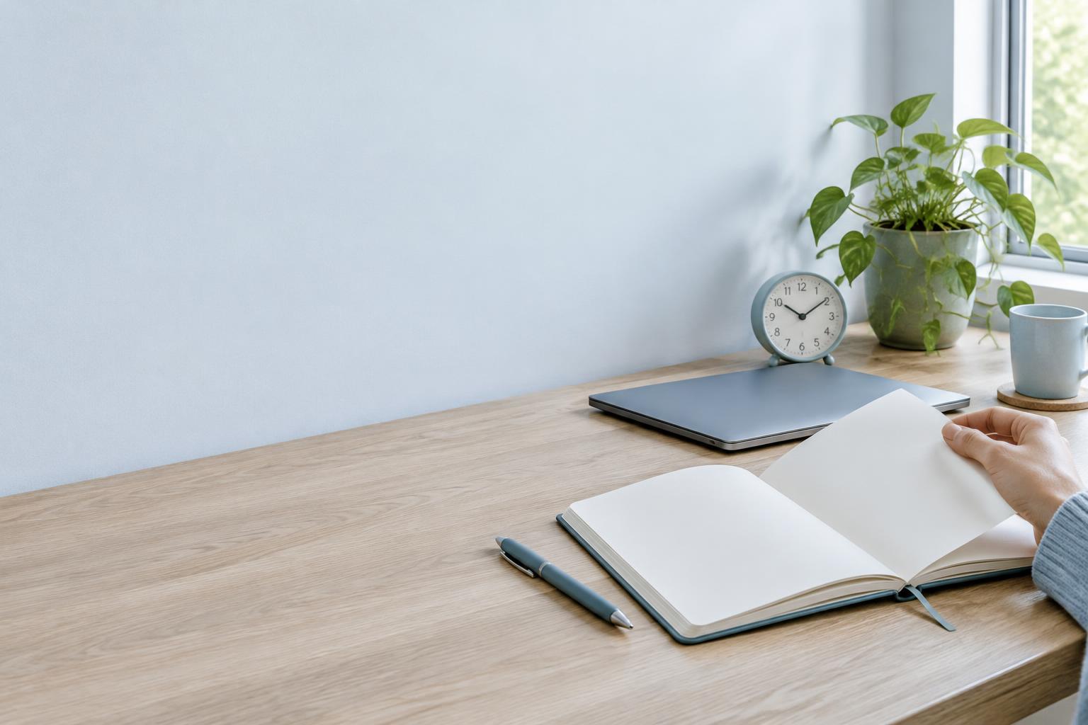 A notebook and clock on a quiet desk
